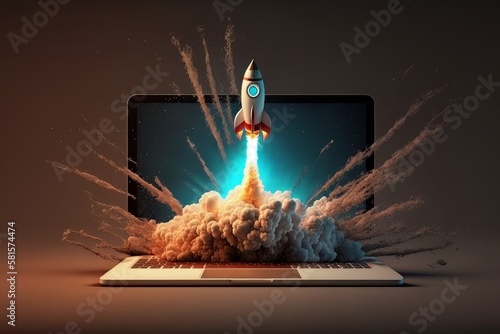 Tela Launching Space Rocket From Laptop Screen. Generative AI
