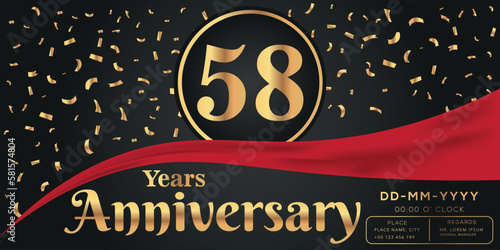 58th years anniversary celebration logo on dark background with golden numbers and golden abstract confetti vector design 