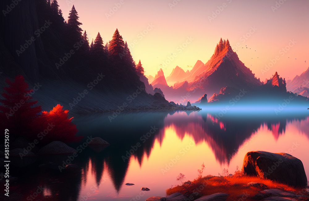 a large body of water surrounded by rocks and trees, gorgeous digital art a large body of water surrounded by rocks and trees, gorgeous digital art