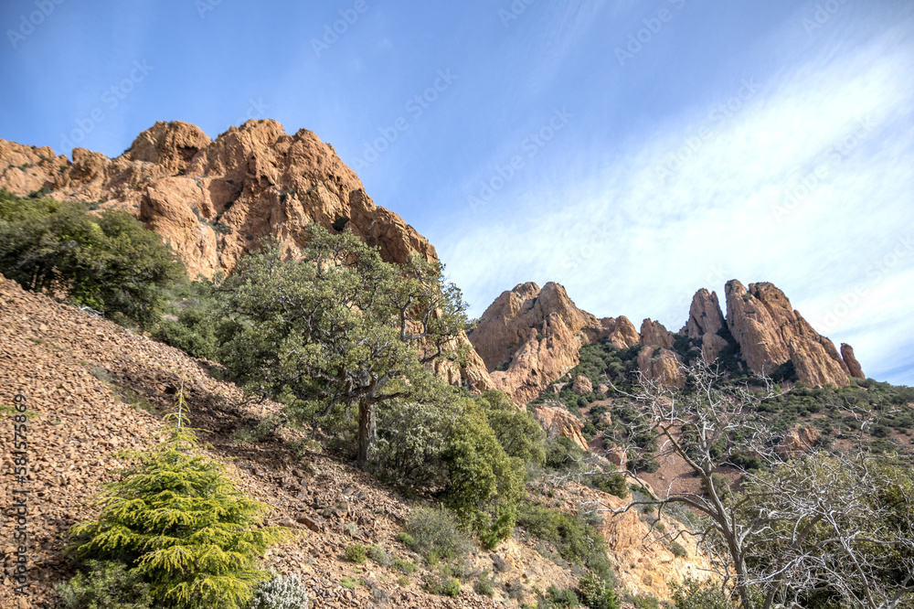 Fototapeta premium Paysage de montagne dans le massif de l'Esterel en bord de mer sur la Côte d'Azur dans le Sud de la France