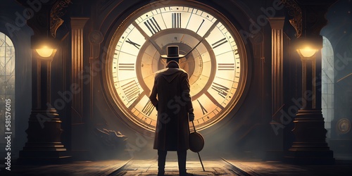 A Man In Front Of A Big Clock, A 3D Rendering, Steampunk. Generative AI