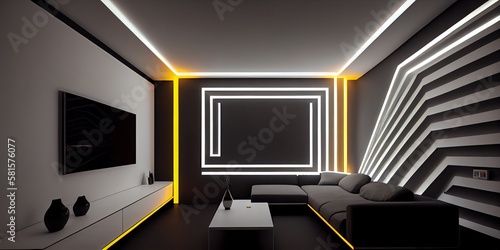 A Modern And Confortable Basement Room Illuminated By Led Strips. Generative AI