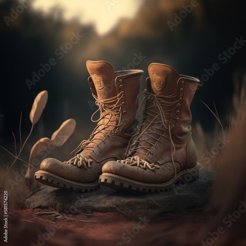 Footwear for the Great Outdoors: A Captivating image of Hiking Boots Perfectly Suited for the Challenges of Mountain Terrain. Mountain Hike. Hiking. Background or wallpaper. Generative AI.