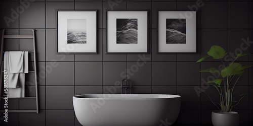 Dark Gray Tiles  White Bathtub  And Three Posters Above. Health And Hygiene. Mockup. Generative AI