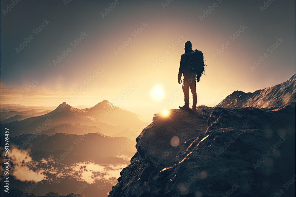 Conquering the Peaks: Inspiring Photo of a Hiker Pushing Through the Challenge of a Mountain Hike. Hiking. Background or wallpaper. Generative AI. Conquering the Peaks: Inspiring Photo of a Hiker Pushing Through the Challenge of a Mountain Hike. Hiking. Background or wallpaper. Generative AI.