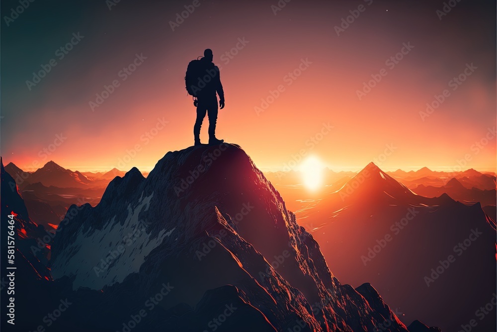 Conquering the Peaks: Inspiring Photo of a Hiker Pushing Through the Challenge of a Mountain Hike. Hiking. Background or wallpaper. Generative AI.