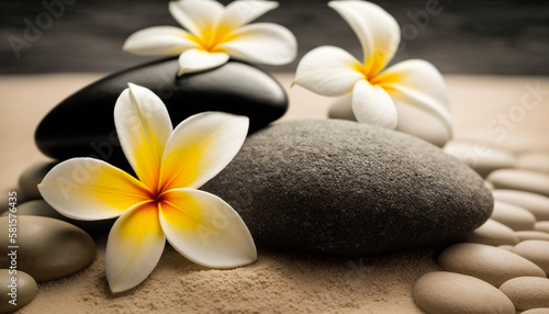 Zen Stones with lines on spa sand and plumeria flower harmony concept. Generative AI 
