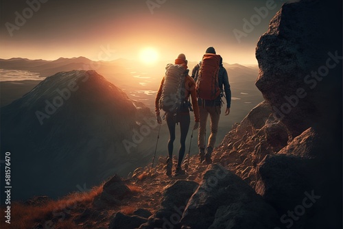 Teamwork and Adventure: Group of People Hiking Together in the Mountains. Mountain Hike. Hiking. Background or wallpaper. Generative AI.
