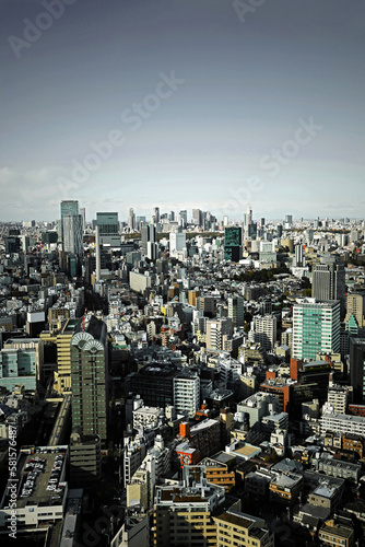Panoramic view of Tokyo in a cloudy sky High-rise buildings in Shibuya and Shinjuku