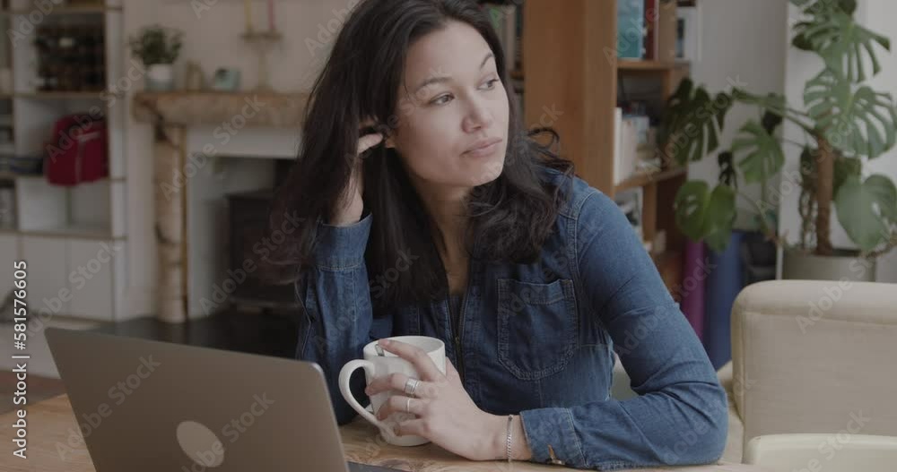 Female Working from Home on Laptop in Kitchen Female Working from Home on Laptop in Kitchen
