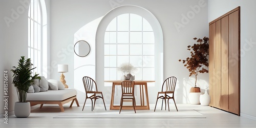 Home Mockup  White Room With Natural Wooden Furniture  3d Render. Generative AI