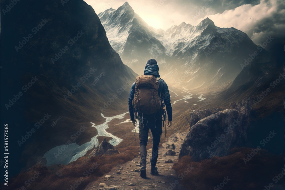 Conquering the Peaks: Inspiring Photo of a Hiker Pushing Through the Challenge of a Mountain Hike. Hiking. Background or wallpaper. Generative AI. Conquering the Peaks: Inspiring Photo of a Hiker Pushing Through the Challenge of a Mountain Hike. Hiking. Background or wallpaper. Generative AI.