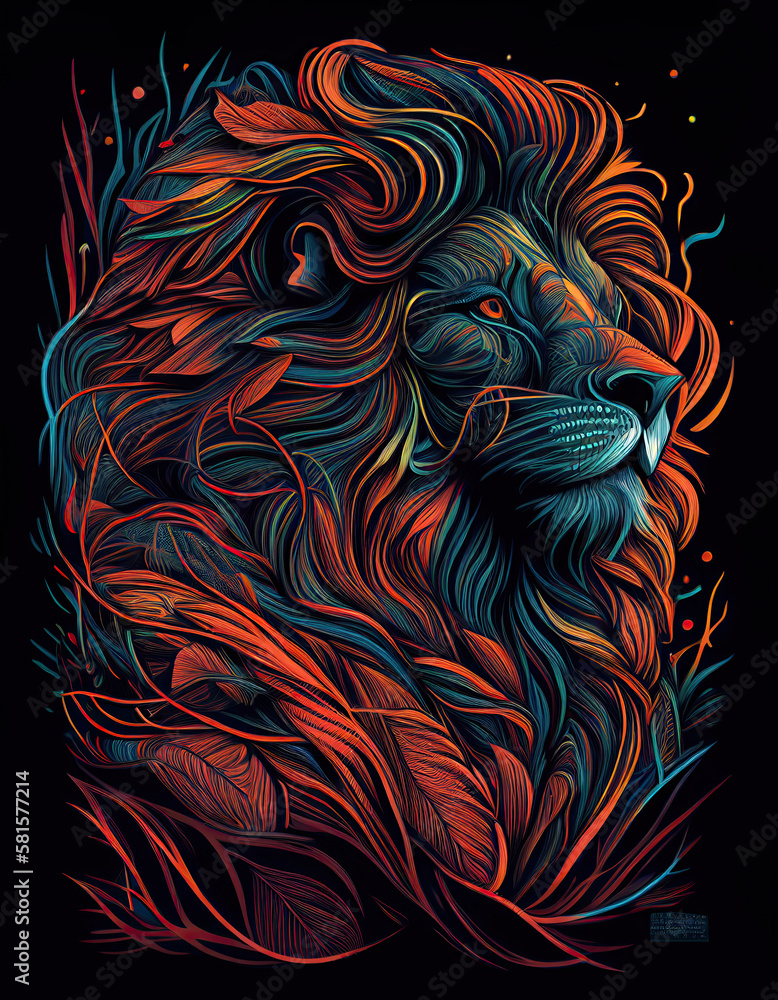 Lion illustration logo, ethereal, spiritual, beautiful painting. Colorful, majestic. Generative AI