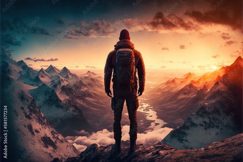 Conquering the Peaks: Inspiring Photo of a Hiker Pushing Through the Challenge of a Mountain Hike. Hiking. Background or wallpaper. Generative AI.