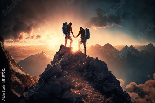 Teamwork and Adventure: Group of People Hiking Together in the Mountains. Mountain Hike. Hiking. Background or wallpaper. Generative AI. © Matyfiz