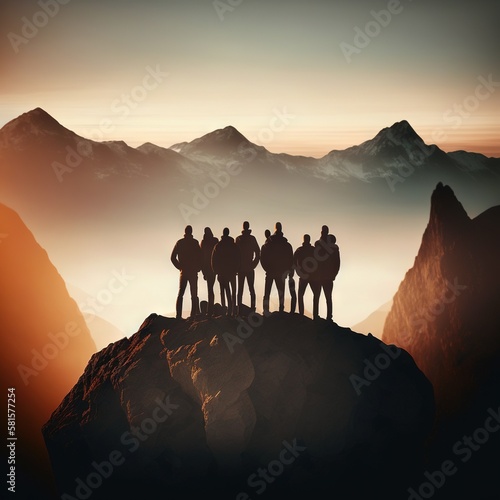 Teamwork and Adventure: Group of People Hiking Together in the Mountains. Mountain Hike. Hiking. Background or wallpaper. Generative AI. © Matyfiz