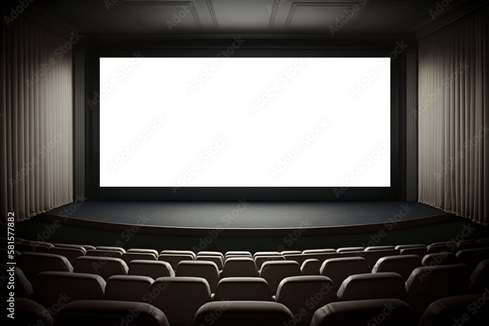 Cinema with white blank screen. Cinema hall with auditorium. Template for Design. AI generated. Mock up, Ad concept. Cinema with white blank screen. Cinema hall with auditorium. Template for Design. AI generated. Mock up, Ad concept.