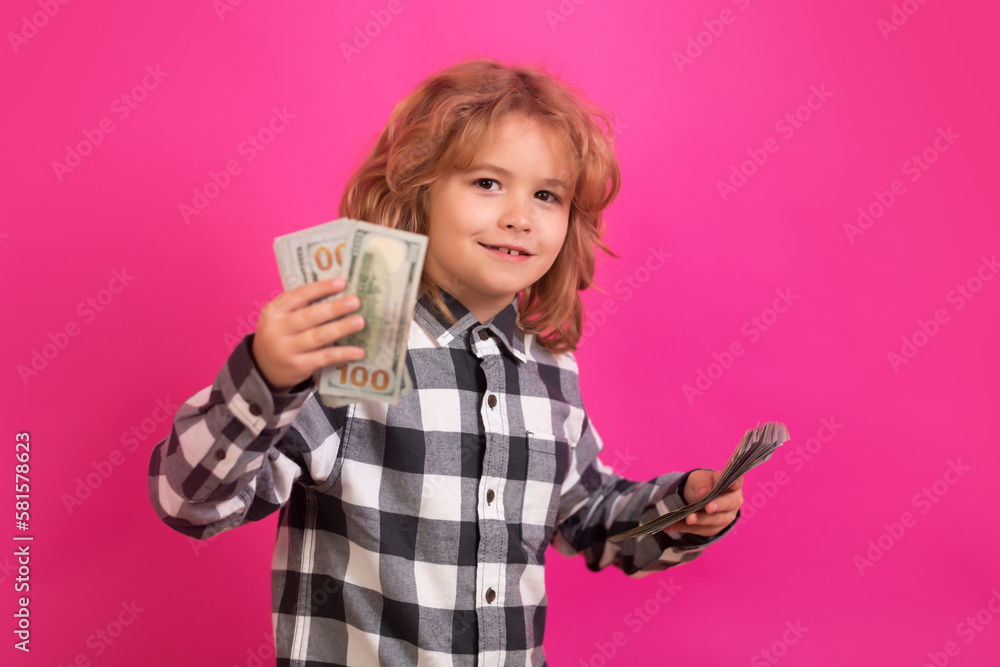 Rich child with dollars. Lottery cashback, win big money isolated pink red background. Rich child with dollars. Lottery cashback, win big money isolated pink red background.