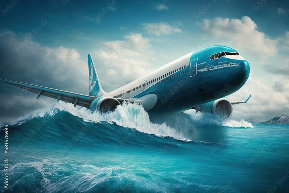Fototapeta premium Plane makes emergency landing in ocean, illustration generative ai