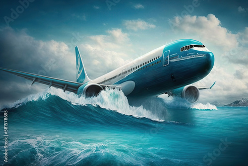 Plane makes emergency landing in ocean, illustration generative ai