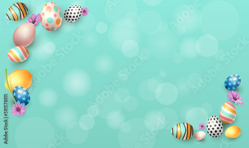 Easter banner with chocolate rabbits and beautifully painted eggs set on the grass. Concept of Easter egg hunt or egg decorating art. Background pastel color minimal design