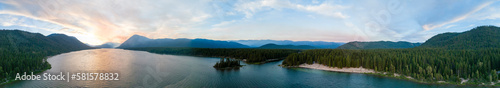 Panoramic Aerial View Lake Wenatchee Washington USA Sunset National Forest Cascade Mountains