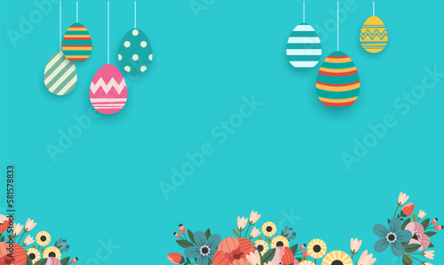 Easter banner with chocolate rabbits and beautifully painted eggs set on the grass. Concept of Easter egg hunt or egg decorating art. Background pastel color minimal design