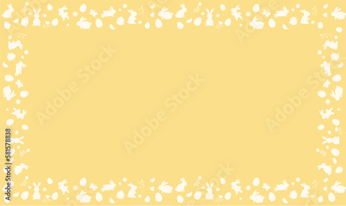 Easter banner with chocolate rabbits and beautifully painted eggs set on the grass. Concept of Easter egg hunt or egg decorating art. Background pastel color minimal design