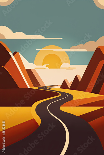 Simple  abstract illustration of a highway through the desert with mountains and sun for travel and posters  Generative AI.