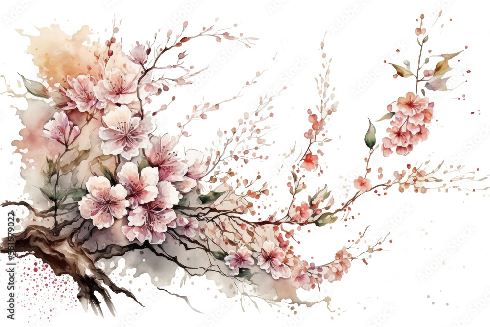 Cute Watercolor Sakura Flower Illustration AI Generative.