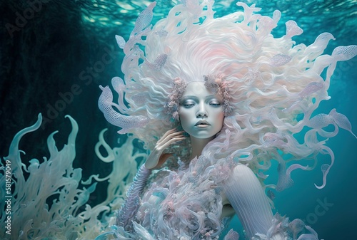 Opalescent Couture Mermaid. Generative AI, non-existent person. 