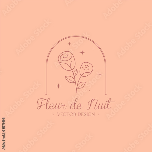 Vector feminine floral emblem. Elegant logo design with linear flowers.Modern botanical badge in trendy minimalist style.Branding design template.Letters with Fleur de Nuit means night flower