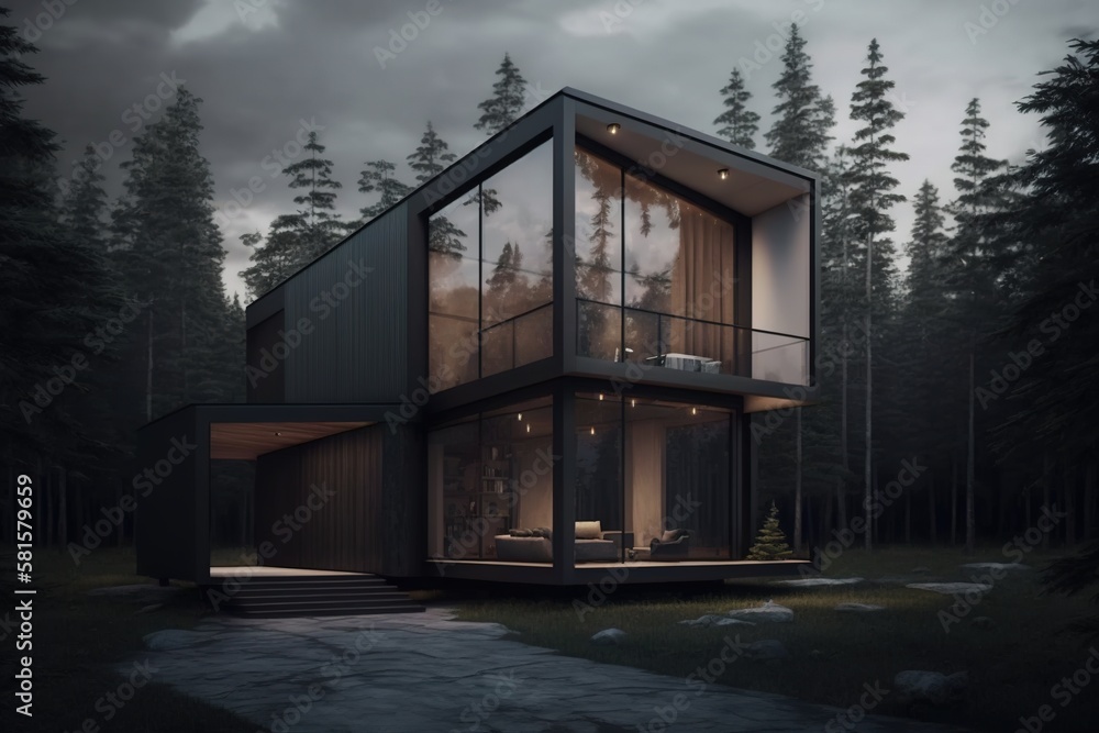 an illustration of a luxury minimalist house in the woods made of glass and concrete. Modern Architecture. Generative AI