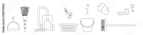 Set of vector design elements for spring cleaning outline. Linear cleaning kit: scoop and broom, vacuum cleaner, laundry bowl, clothespins, bucket, rag and mop, dust and sponge. Vector