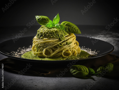 Spaghetti with pesto genovese plated elegantly. Generative AI photo