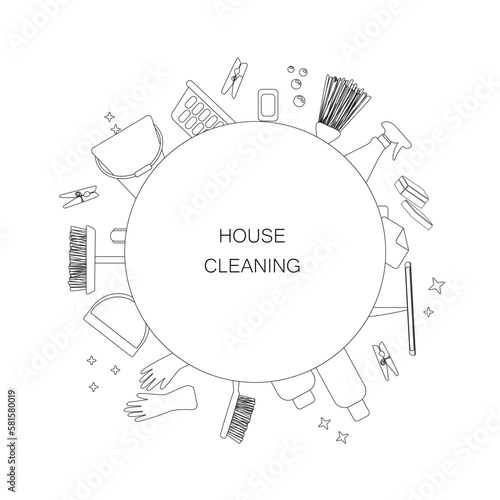 Maid service Cleaning set. Housework, cleaning vector equipment with round frame on white background. Set of vector design elements for spring house cleaning arranged in a circle. outline.
