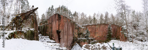 A snow-covered porphyry quarry on the Rochlitzer Berg in winter