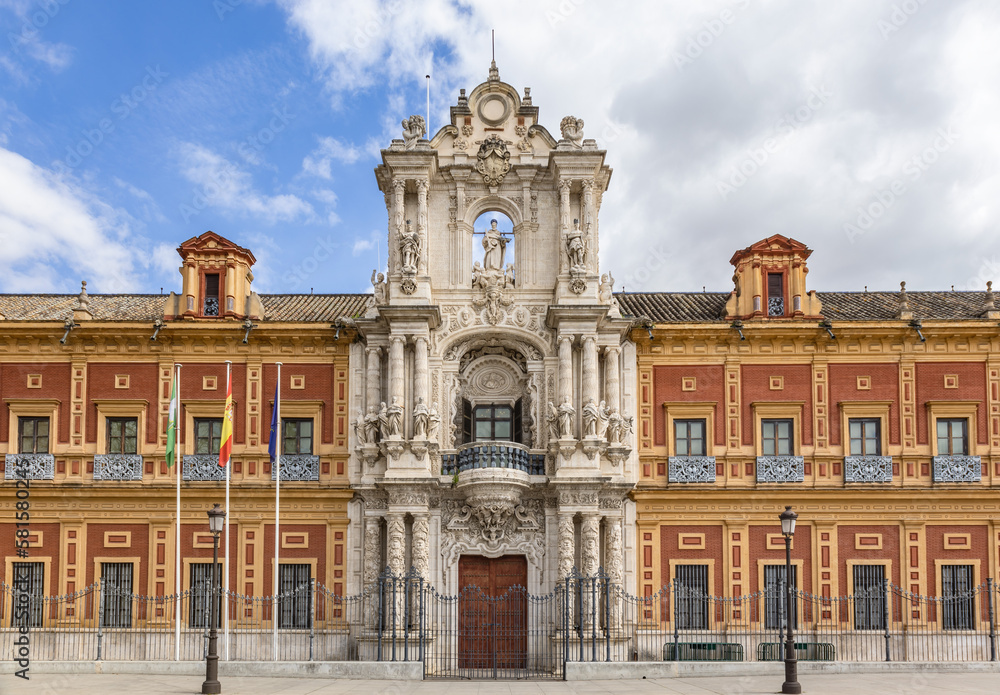 Facade of the San Telmo Palace, seat of the Presidency of the Junta de Andalucia. Baroque building located in Seville between the 17th and 18th centuries to be the headquarters of a sailors' college