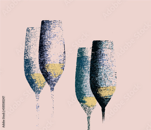 A stylish drawing of long stem glassware with a textured color finish is seen in this 3-d illustration.