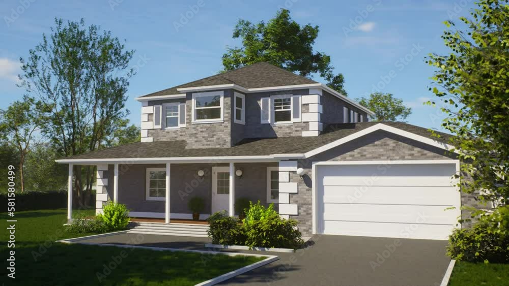 Beautiful gray brick house. 3D animation of a house with a landscape. Beautiful gray brick house. 3D animation of a house with a landscape.
