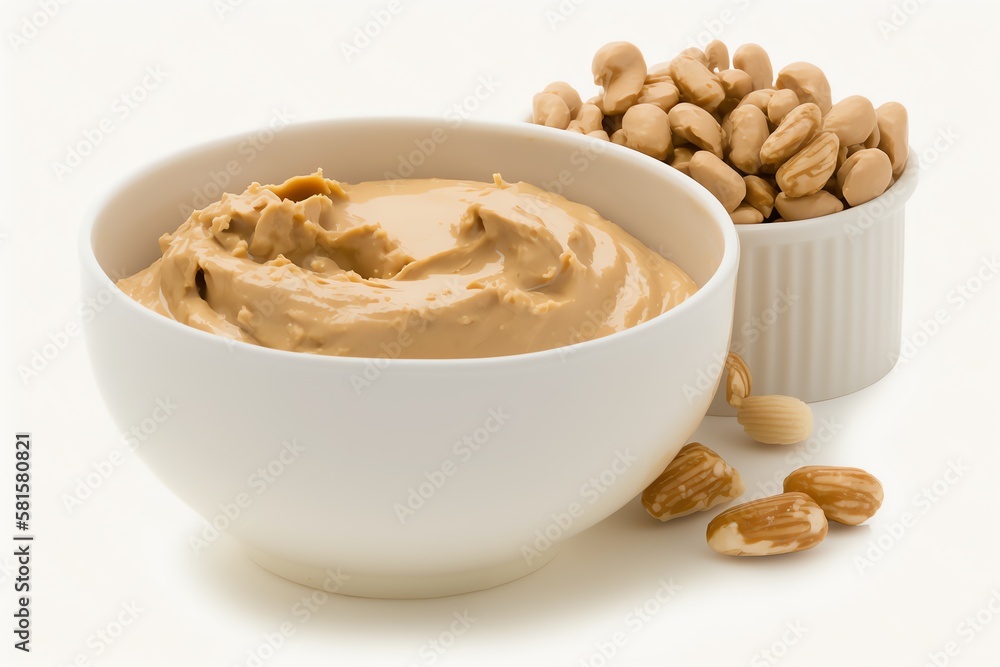 Creamy peanut butter in the bowl on white background. Tasty peanut butter. Generative AI Creamy peanut butter in the bowl on white background. Tasty peanut butter. Generative AI