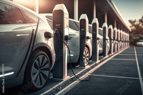 A line of electric cars charging at a public charging station. AI generation