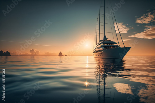 yacht in the sea at evening sunset, cruise trip travel Generative AI
