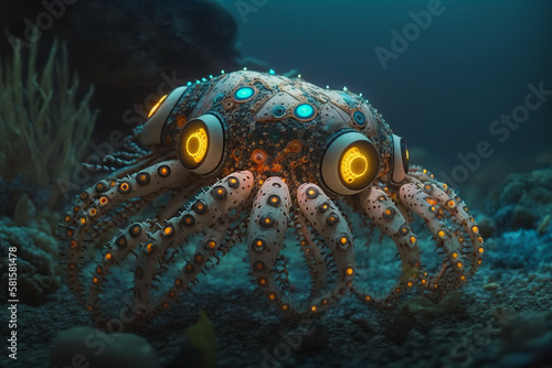 glowing robotic octopus in sea world underwater Generative AI
