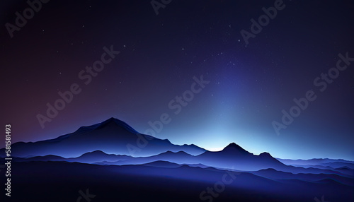 Abstract mountain and night sky landscape with glowing light on the horizon and mist in the valleys. Digital illustration with space for text. Generative AI.