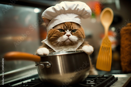 funny cat in a chef hat cooking food in the kitchen Generative AI