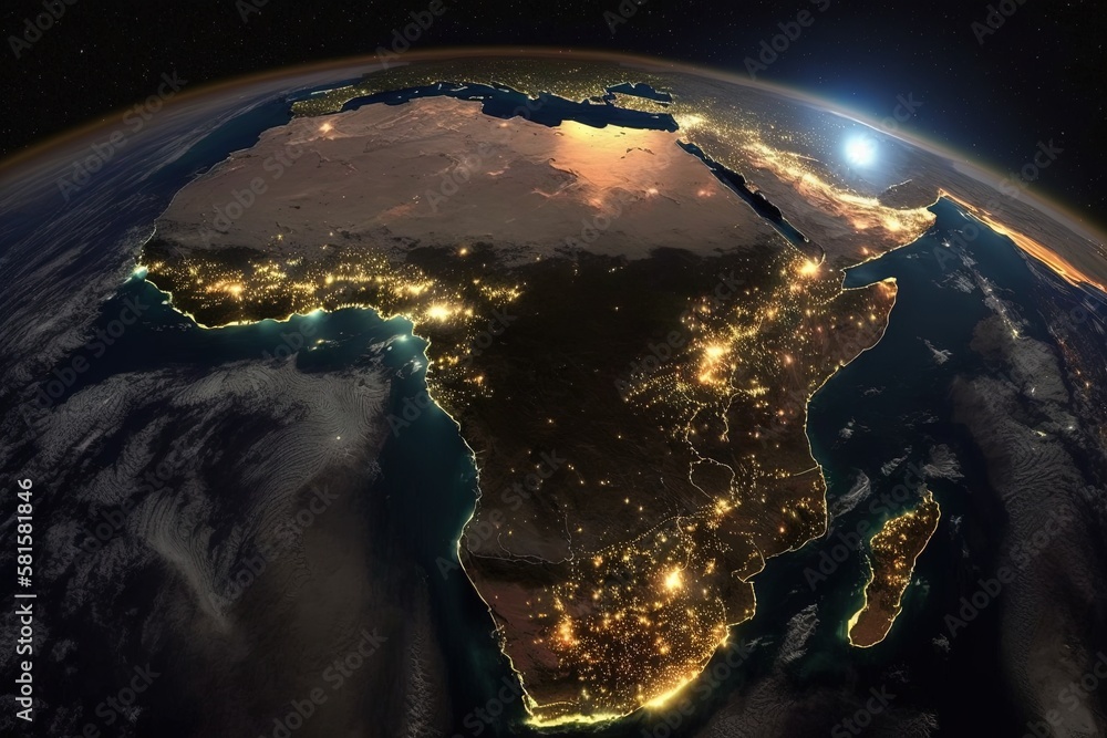 Viewing Africa from space at night.  Generative AI. - obrazy, fototapety, plakaty 