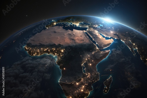 Fototapeta Naklejka Na Ścianę i Meble -  Viewing Africa from space at night.  Generative AI.