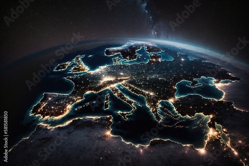 Viewing Europe from space at night. Generative AI.