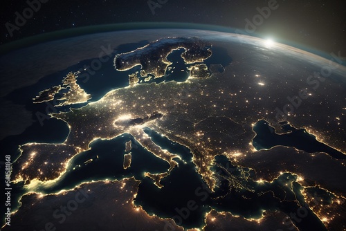 Viewing Europe from space at night. Generative AI.